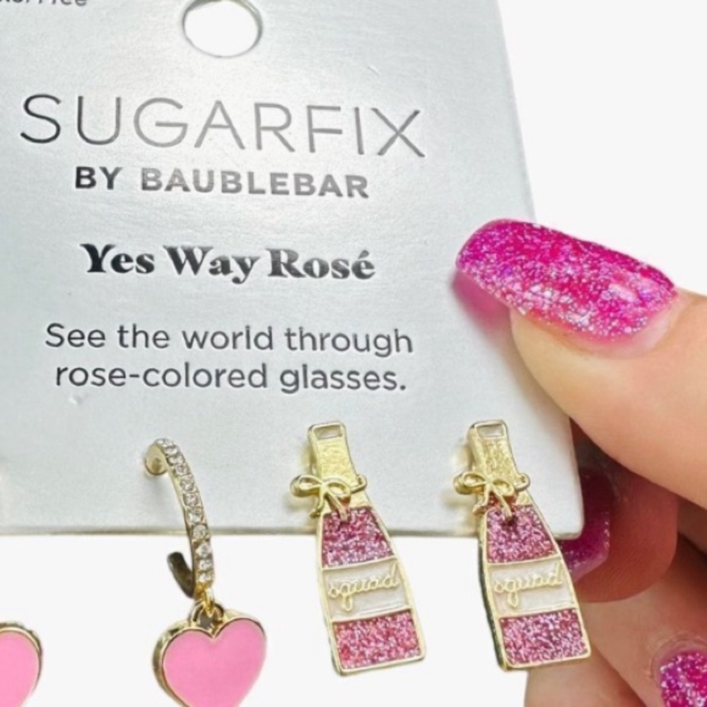 Yes Way Rose Wine Bottle 3 Pairs Earrings. Sugarfix by Baublebar. NWT - Picture 2 of 3